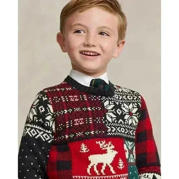 Polo Ralph Lauren Boys Holiday Sweater Patchwork Crewneck Wool Fair Isle 5 NWT - Picture 4 of 6